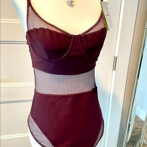 DKNY Deep burgundy mesh thong bodysuit